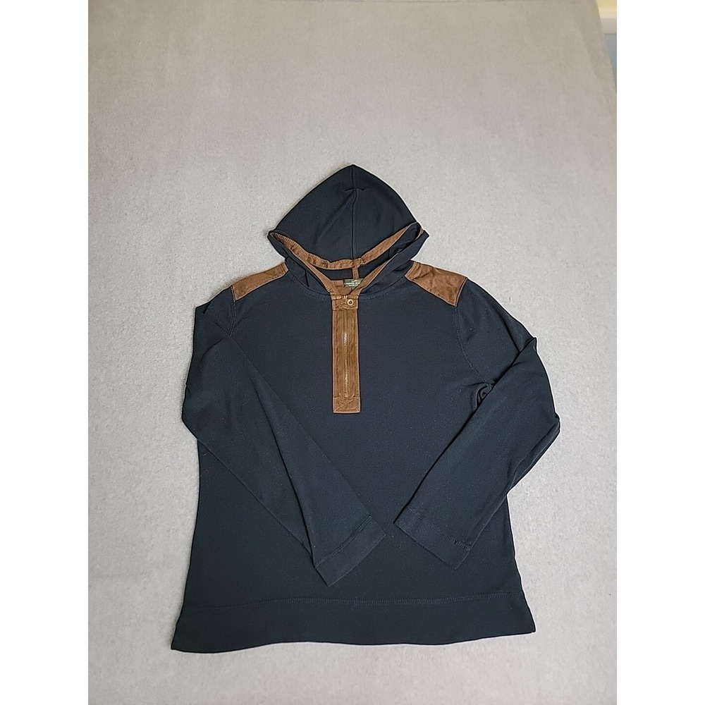 Lauren Jeans Co Ralph Lauren Hoodie Womens XL Black Brown Suede Trim Quarter Zip